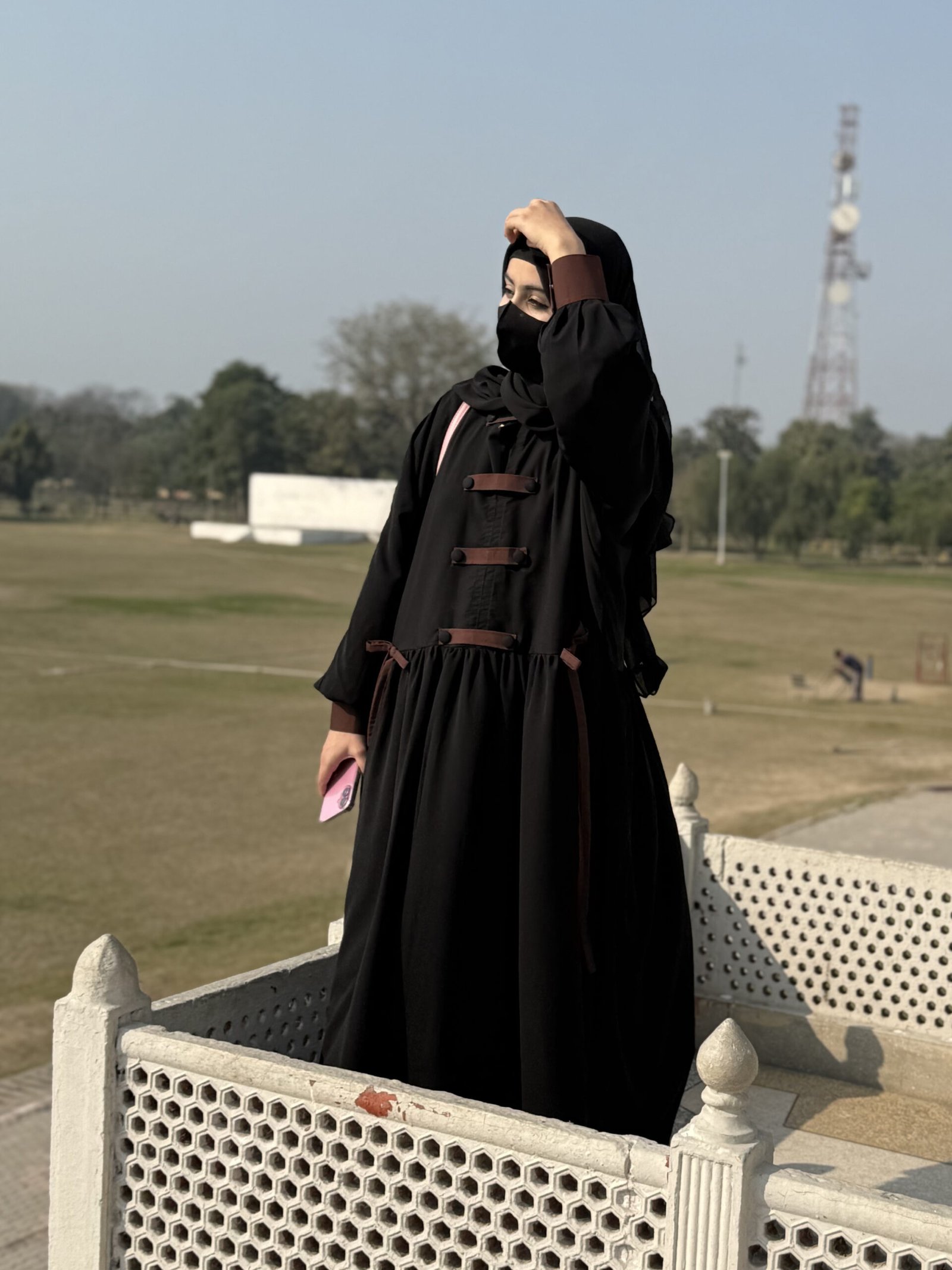 Black & Chocolate Brown Tone Contrast Abaya - Image 8
