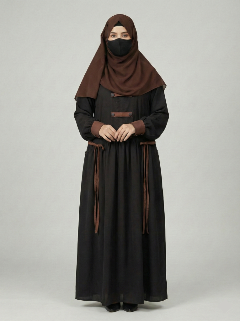 Black & Chocolate Brown Tone Contrast Abaya