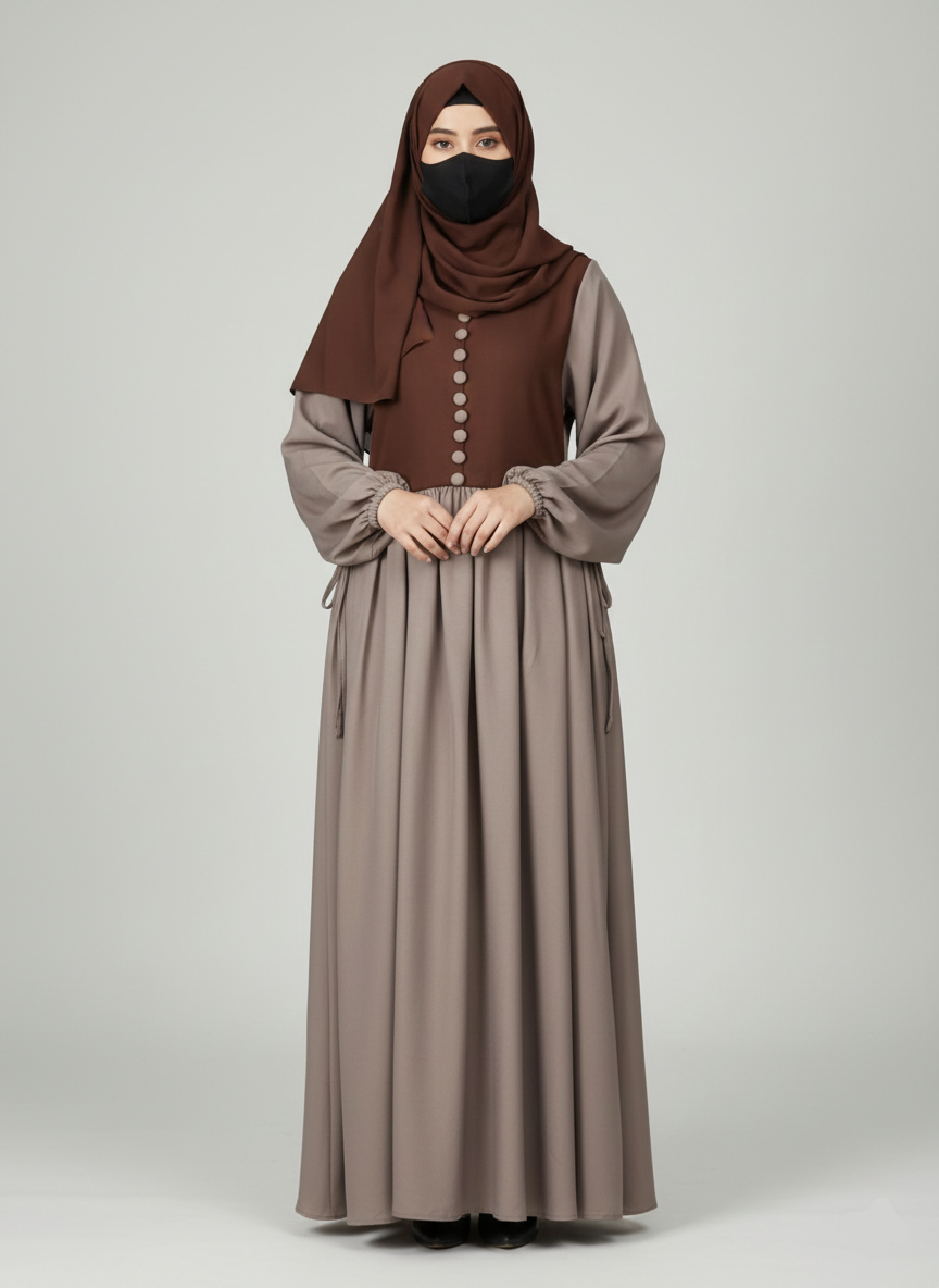 Al-Haya Grey & Brown Contrast Abaya Set
