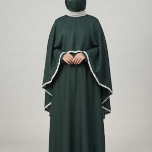 Green Cape-Style Abaya with Pearl Lace Detailing