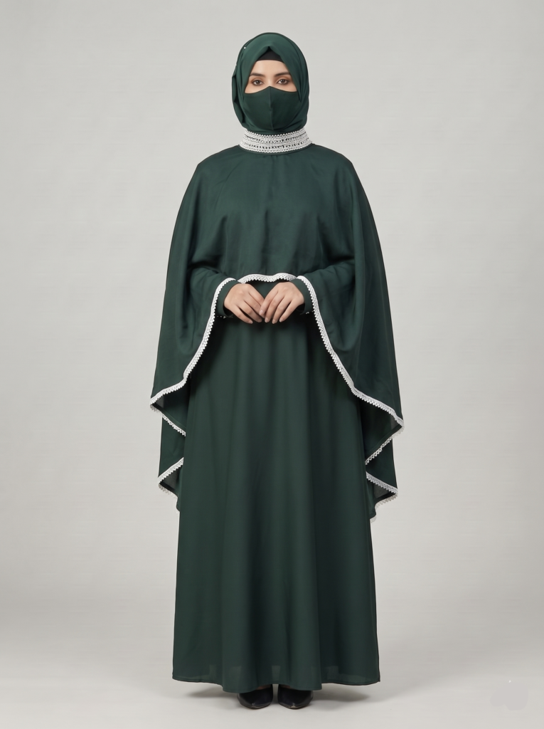 Green Cape-Style Abaya with Pearl Lace Detailing